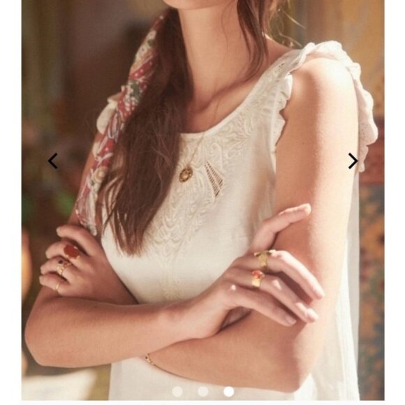 Sézane White Linen Embroidered Dress Size 40 Eyelet Ruffle Trim Mini Tunic Boho - Picture 4 of 12